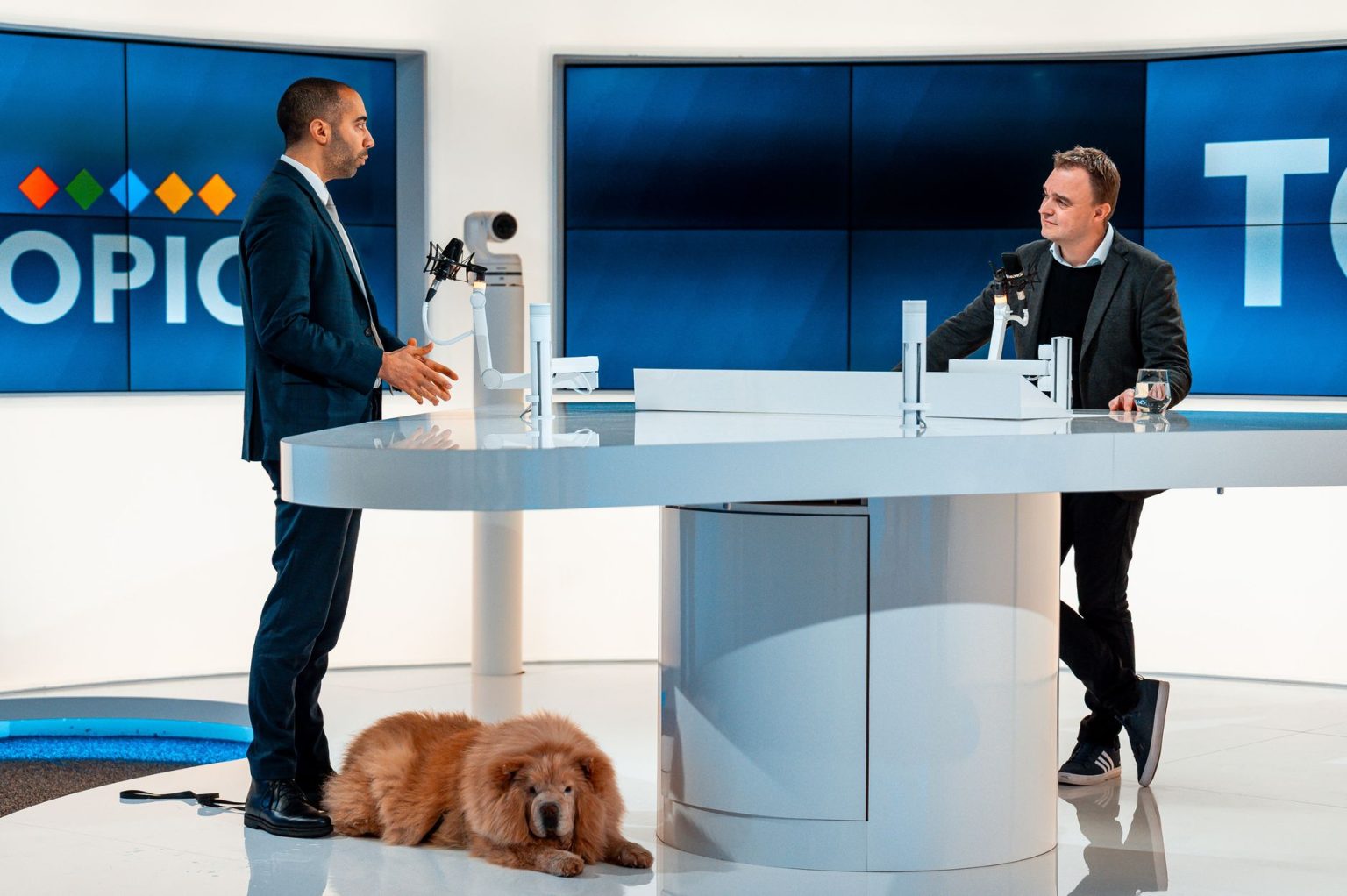 Duas pessoas conversam em um estúdio moderno de televisão, enquanto um cachorro permanece deitado ao lado.